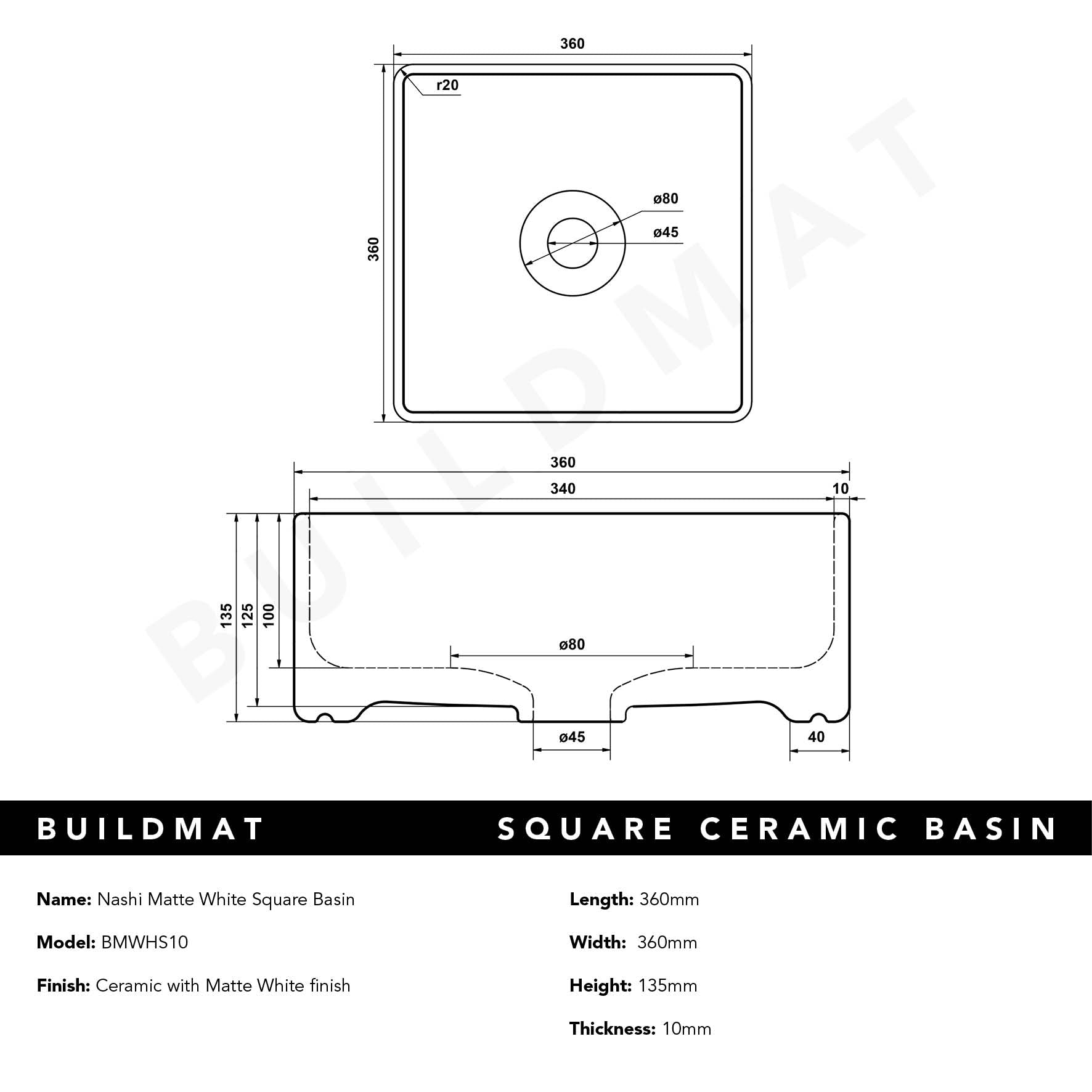 Nashi Matte White Square Basin CLEARANCE