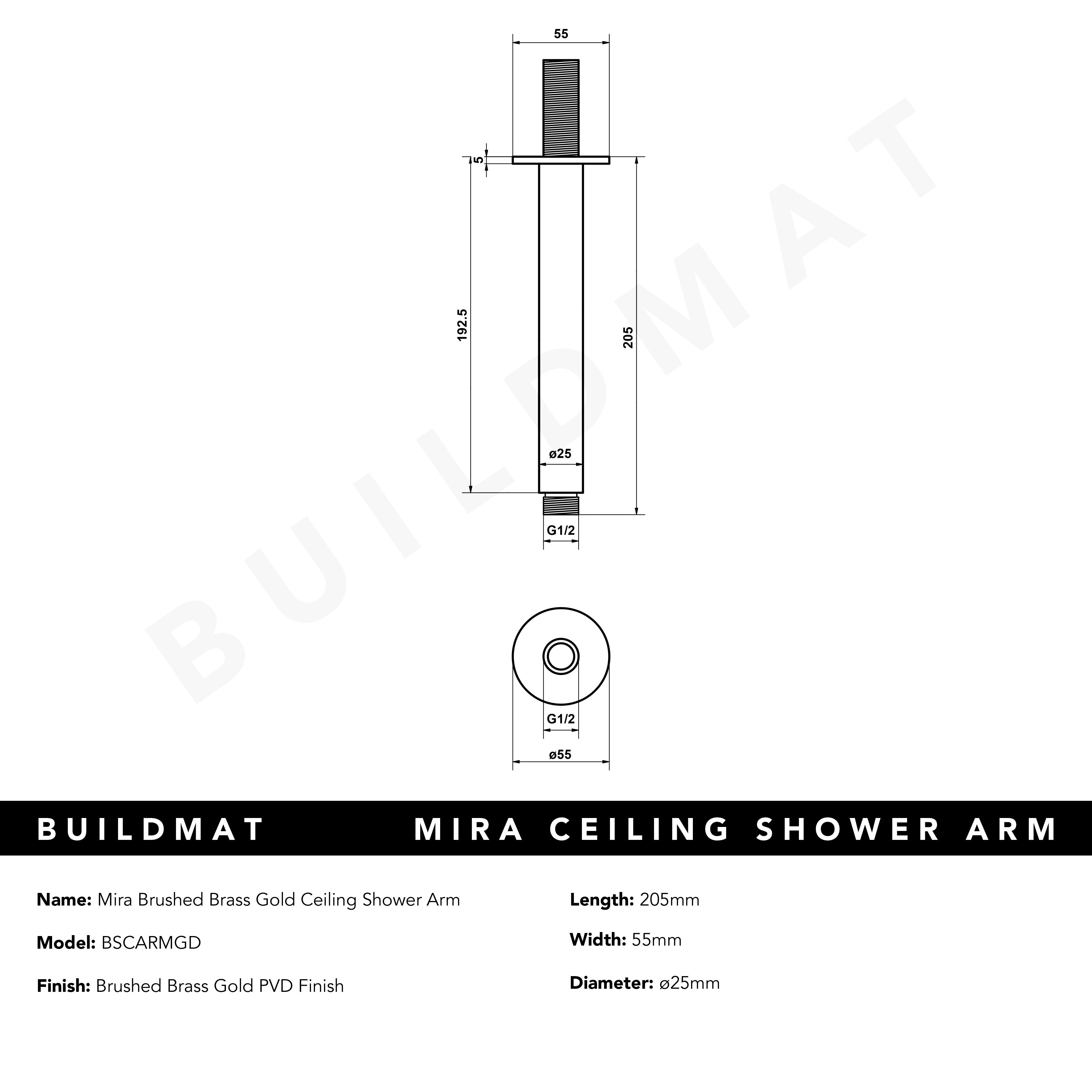 Mira Brushed Brass Gold Ceiling Shower Arm