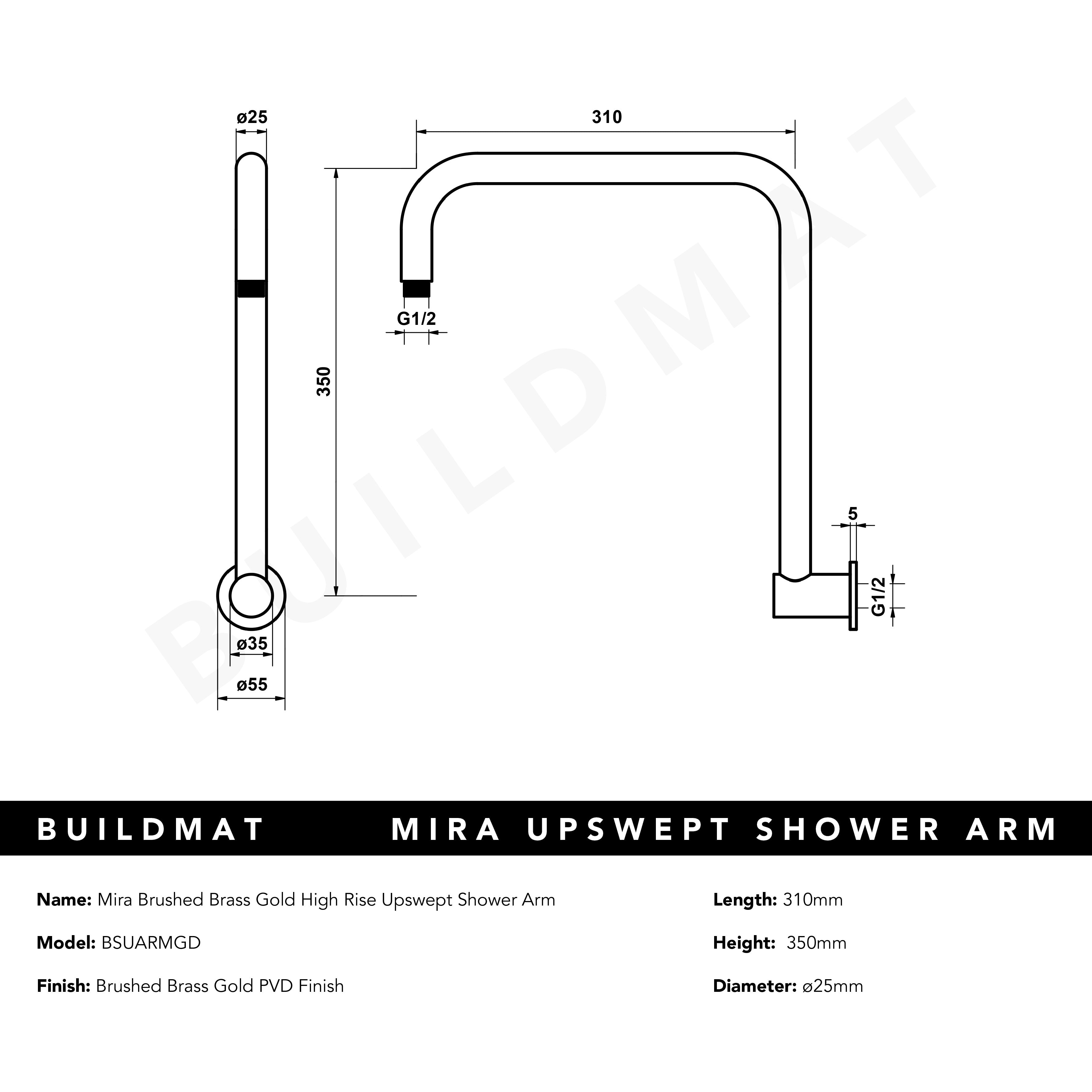 Mira Brushed Brass Gold High Rise Upswept Shower Arm