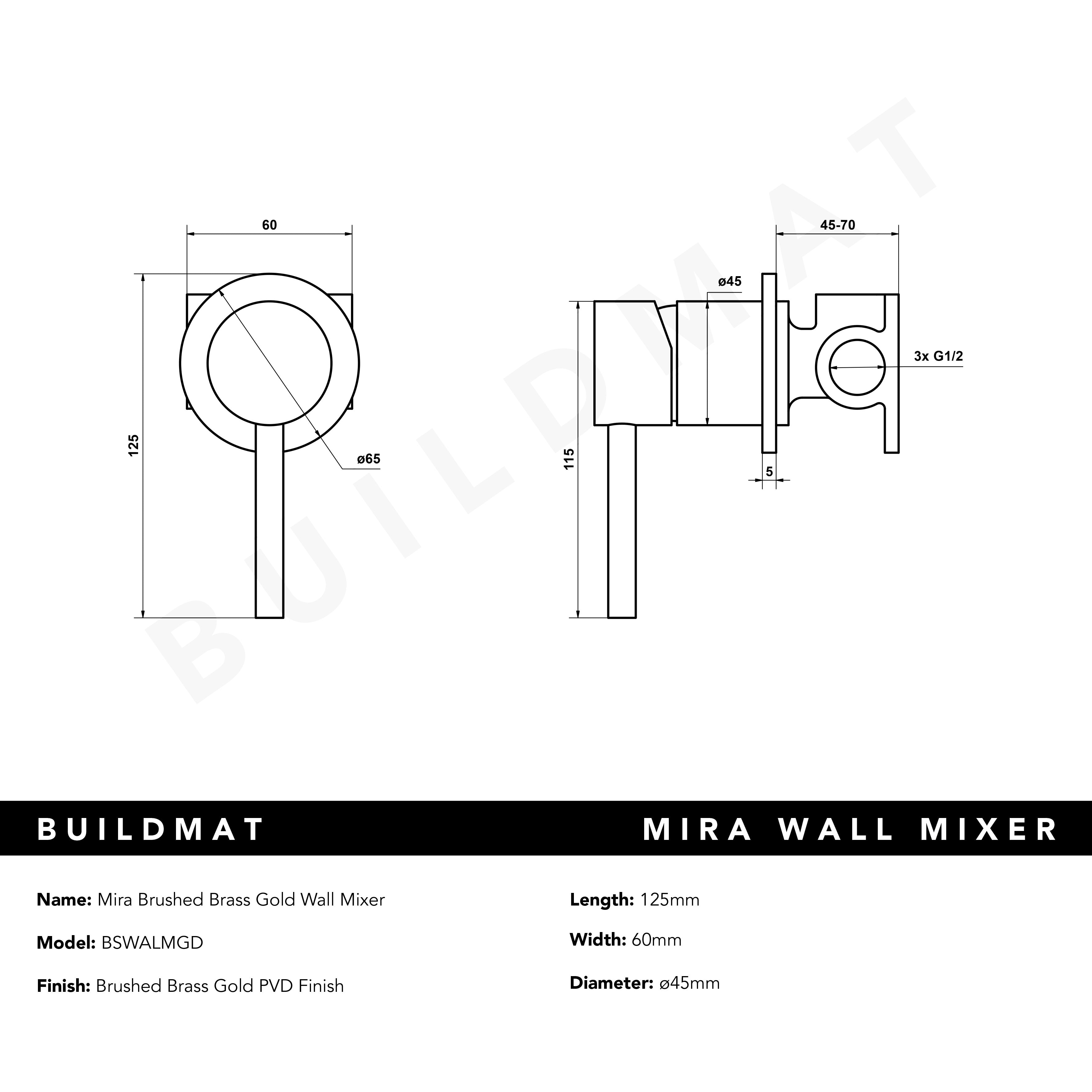 Mira Brushed Brass Gold Wall Mixer