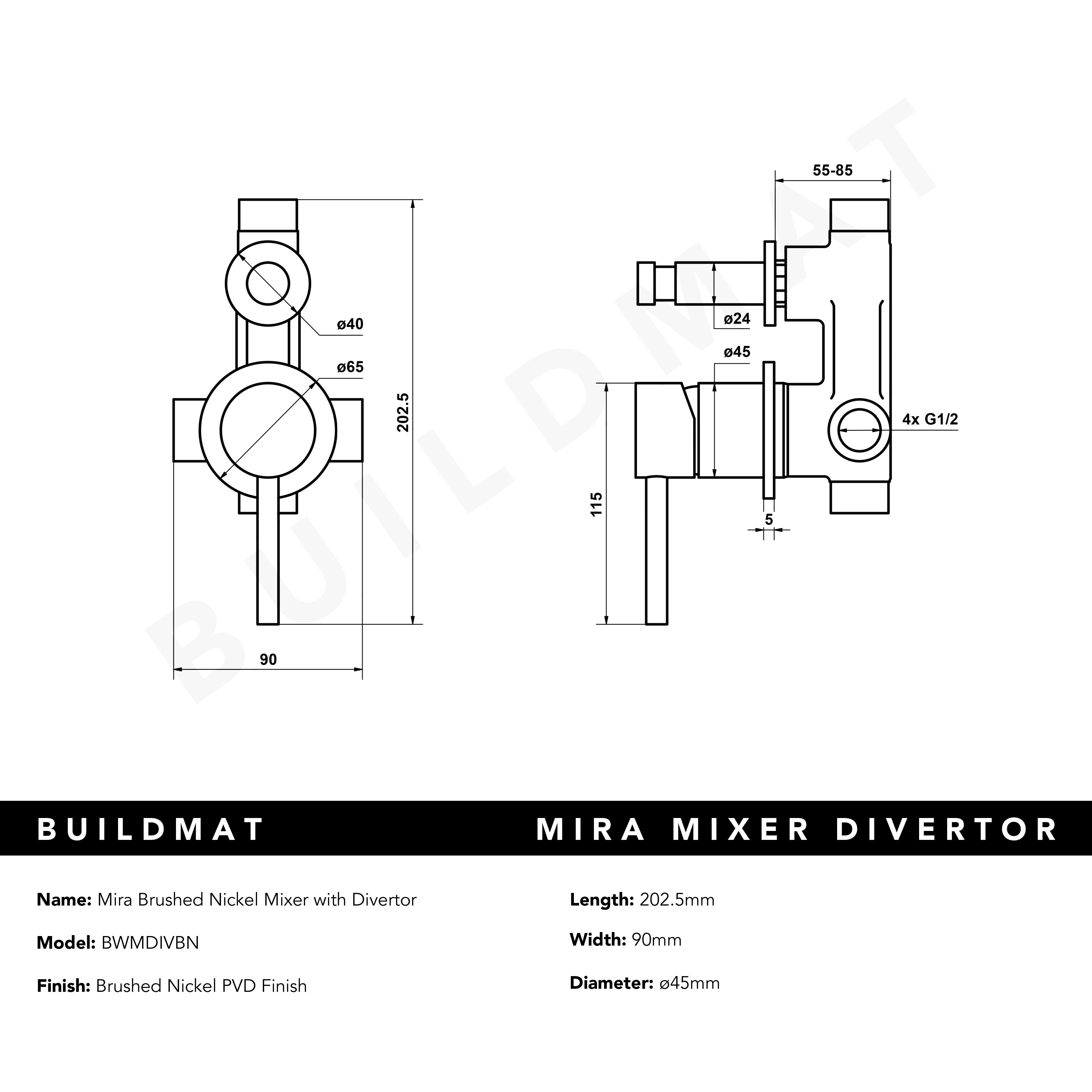 Mira Brushed Nickel Wall Mixer with divertor