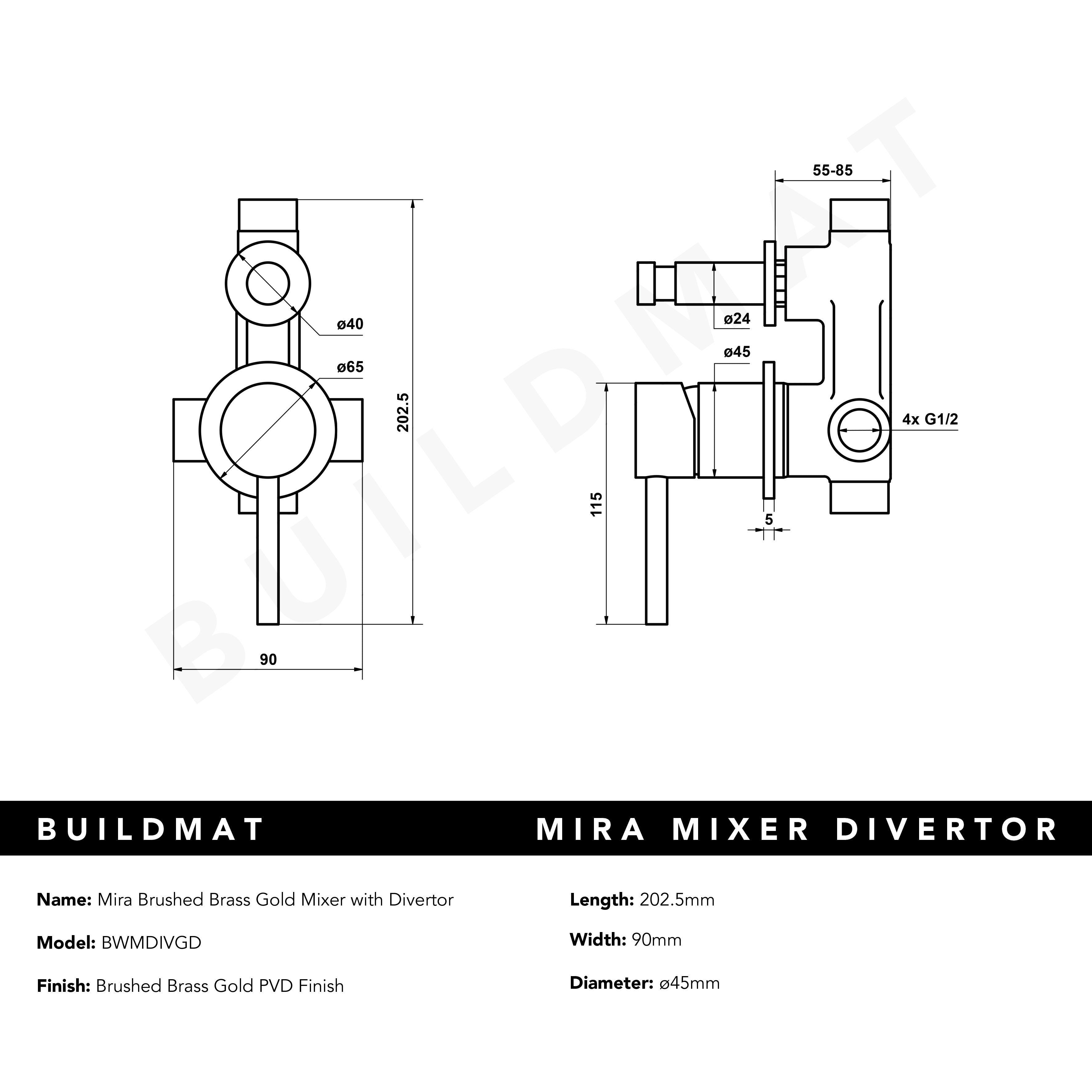 Mira Brushed Brass Gold Wall Mixer with divertor