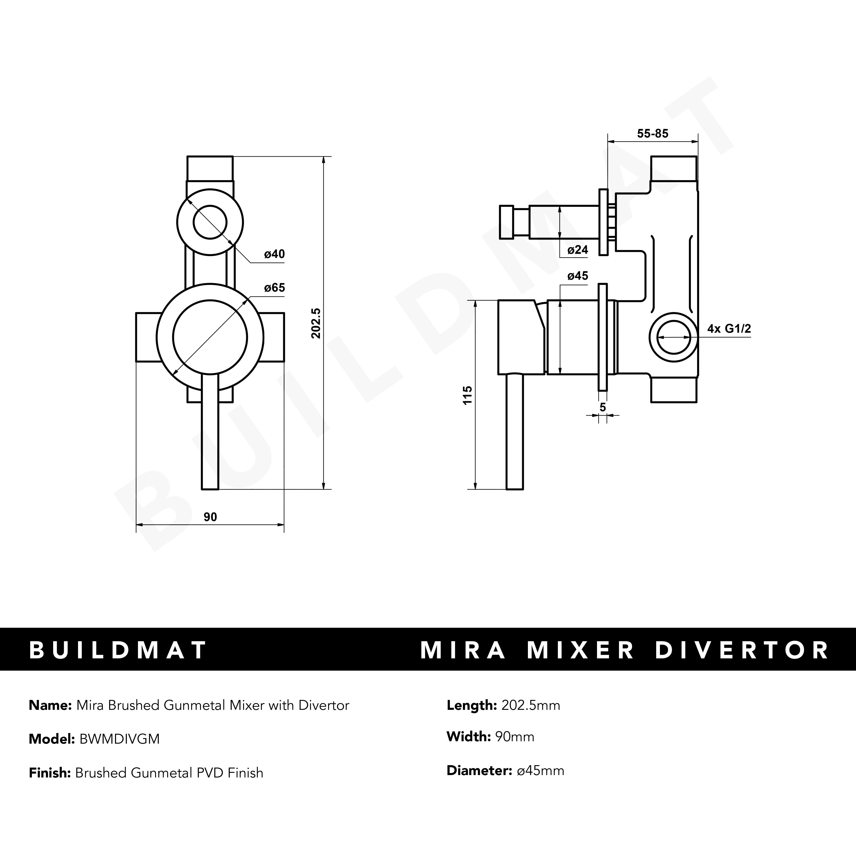 Mira Brushed Gunmetal Wall Mixer with divertor