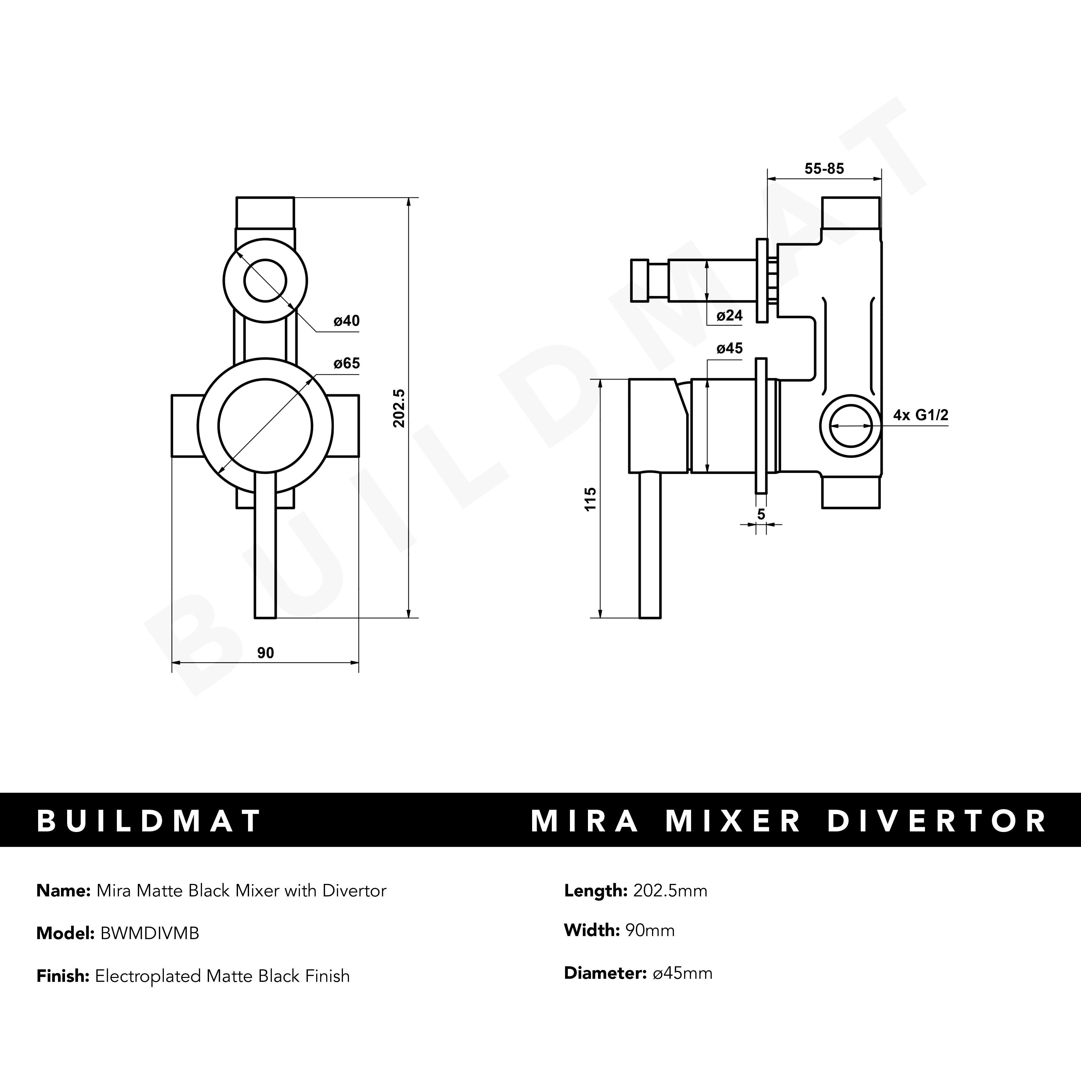 Mira Matte Black Wall Mixer with divertor