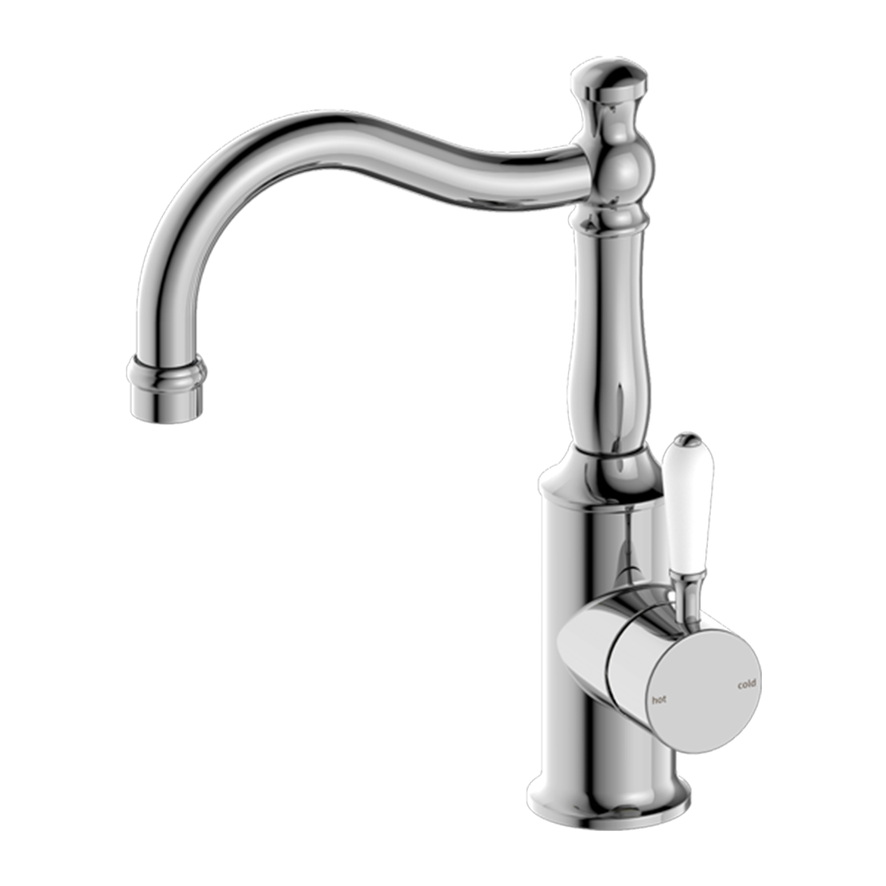 York Basin Mixer Hook Spout with White Porcelain Lever Chrome