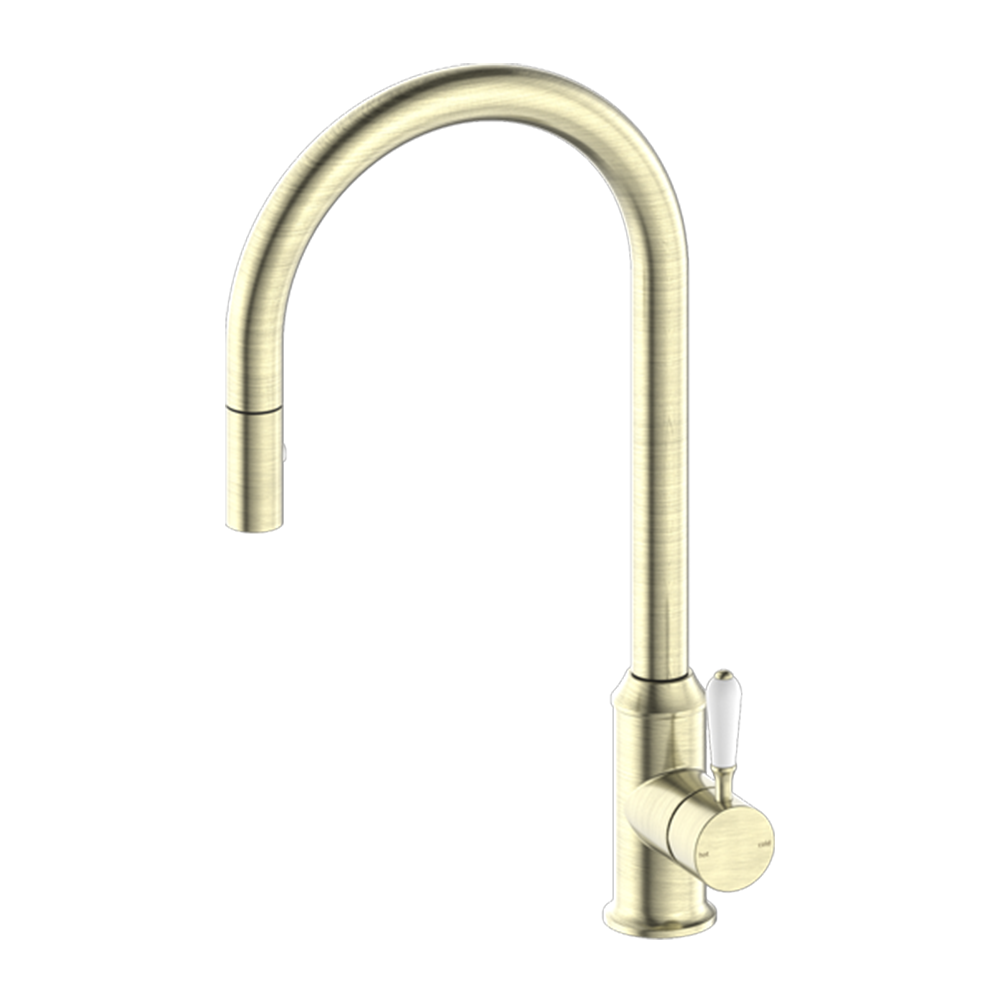 York Pull Out Sink Mixer with Vegie Spray Function with White Porcelain Lever Aged Brass