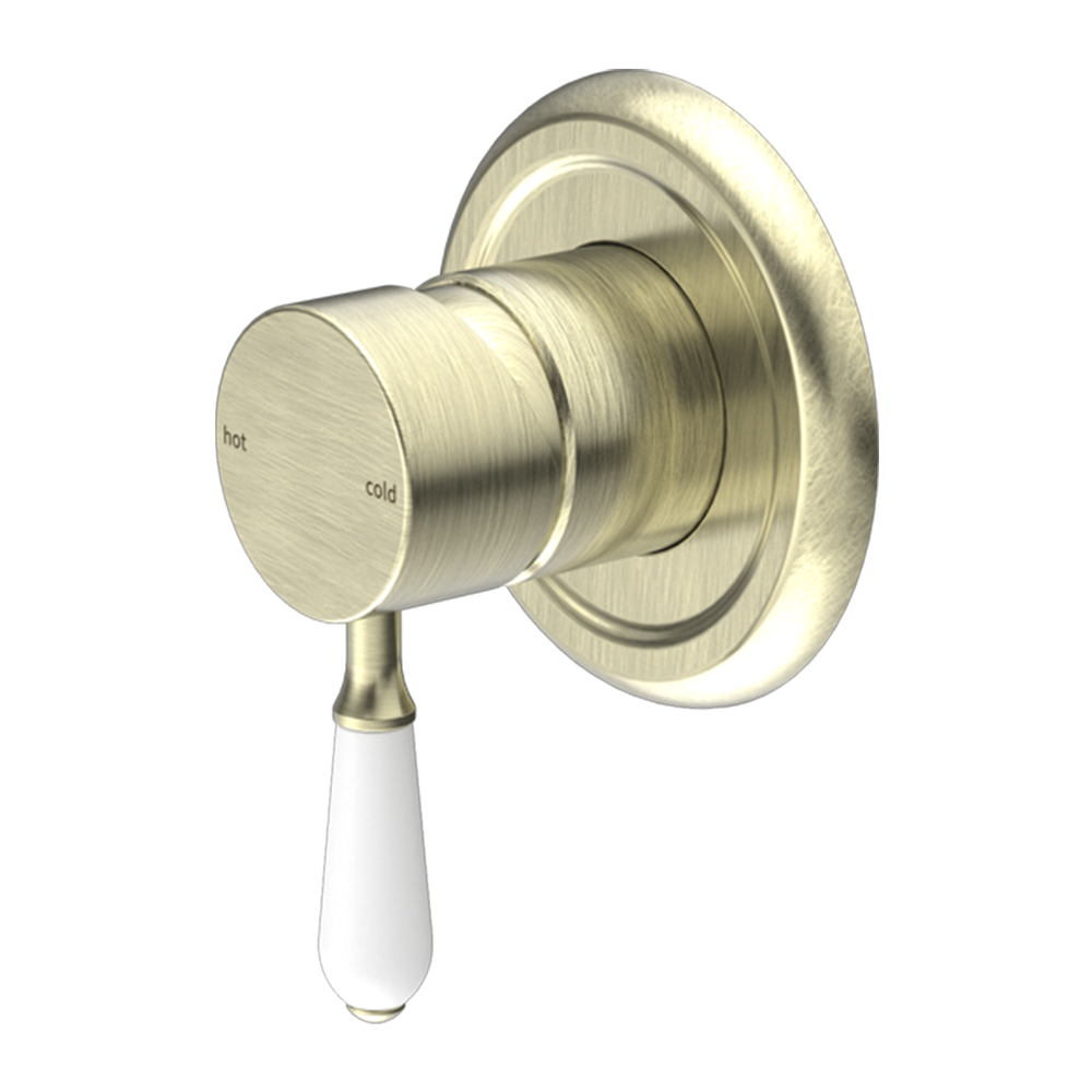 York Shower Mixer with White Porcelain Lever Aged Brass