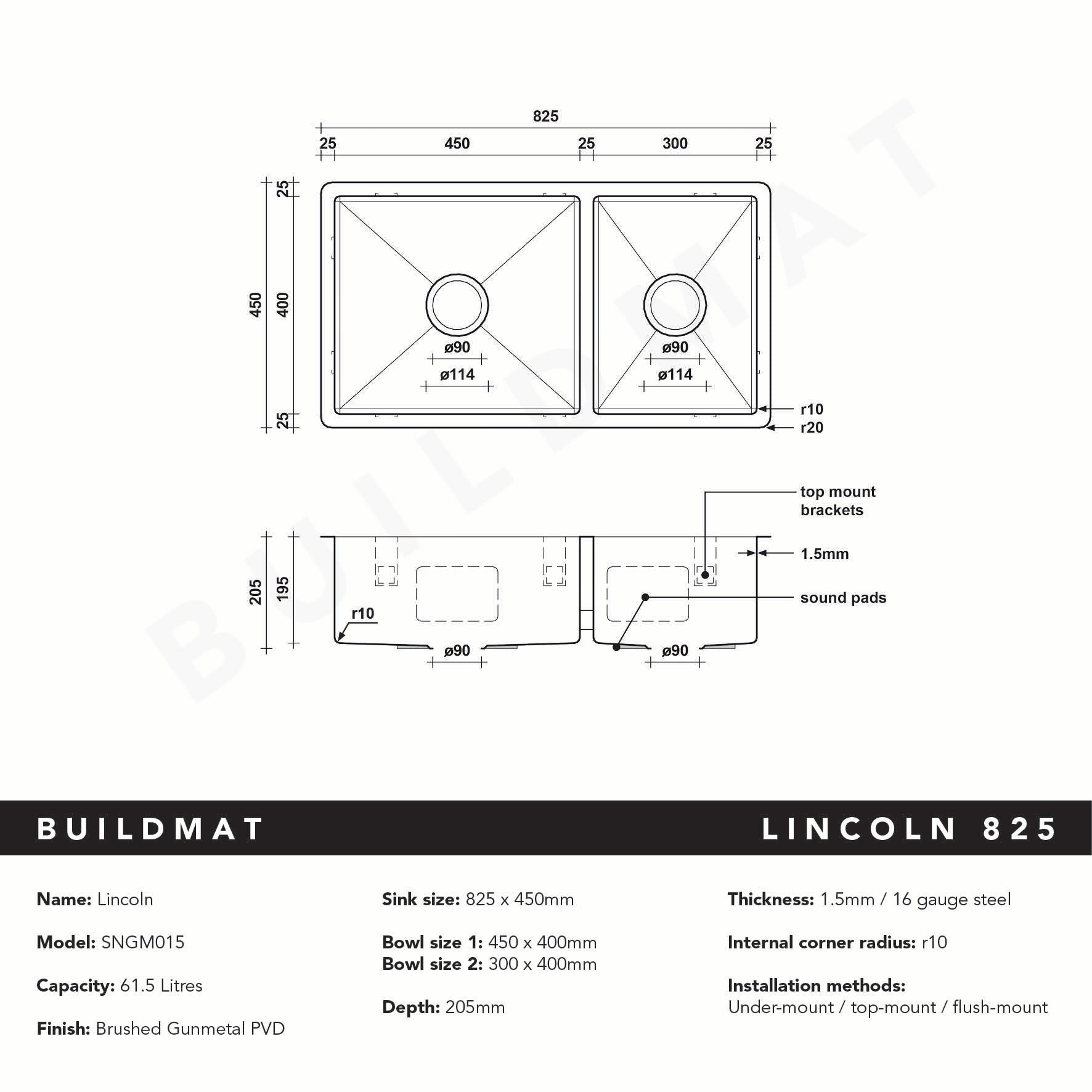 Brushed Gunmetal Lincoln 825x450 Single +3/4 Bowl Sink