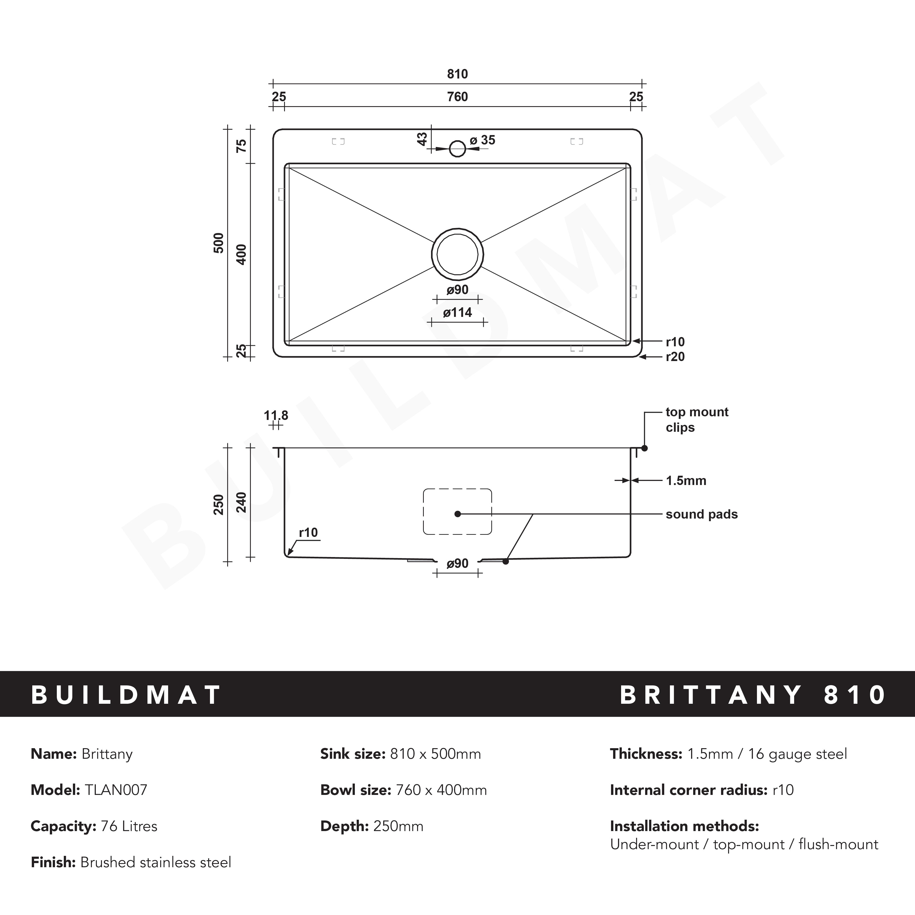 Brittany 810x500 XLarge Single Bowl Tap Landing Sink