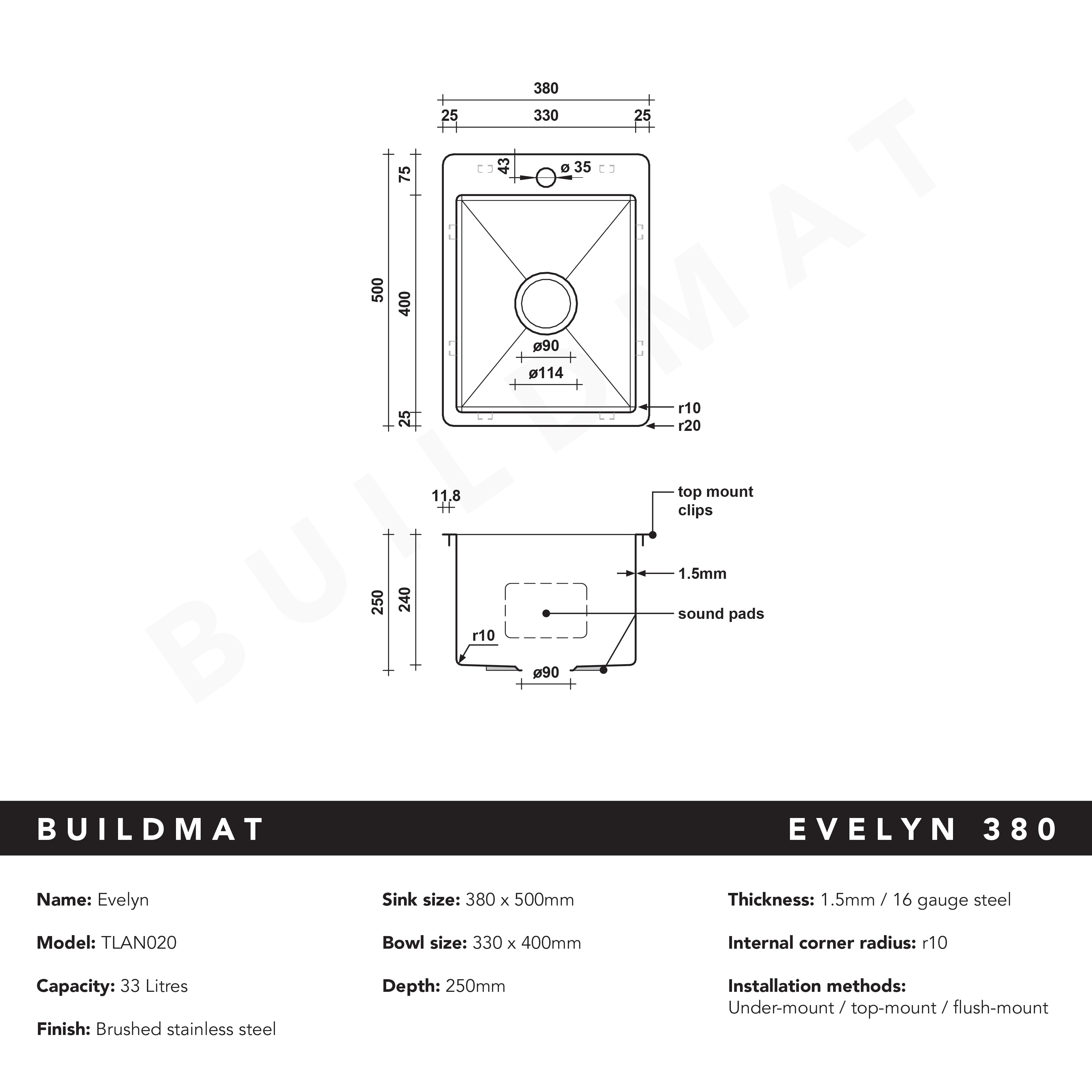 Evelyn 380x500 Single Bowl Tap Landing Sink