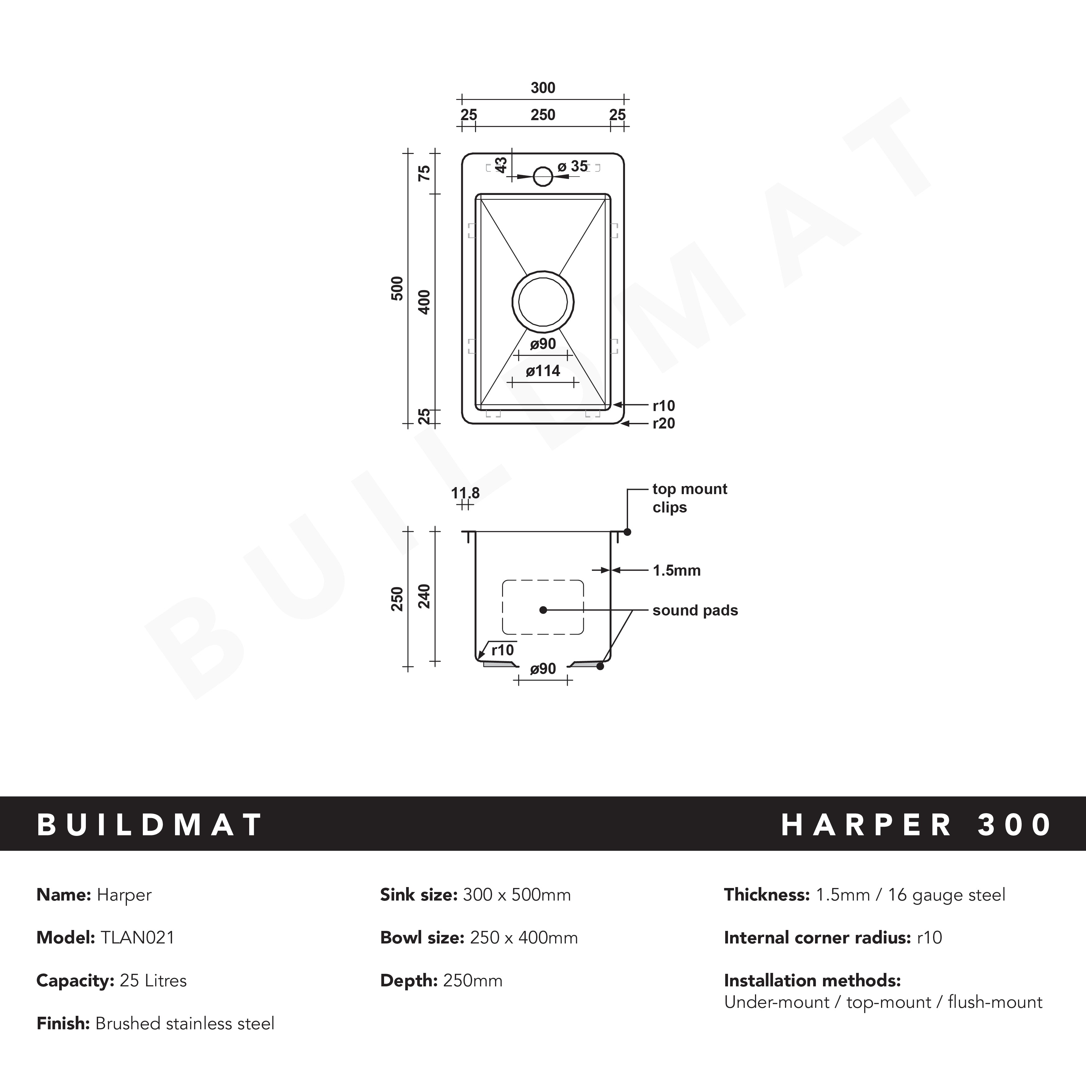 Harper 300x500 Single Bowl Butler Tap Landing Sink