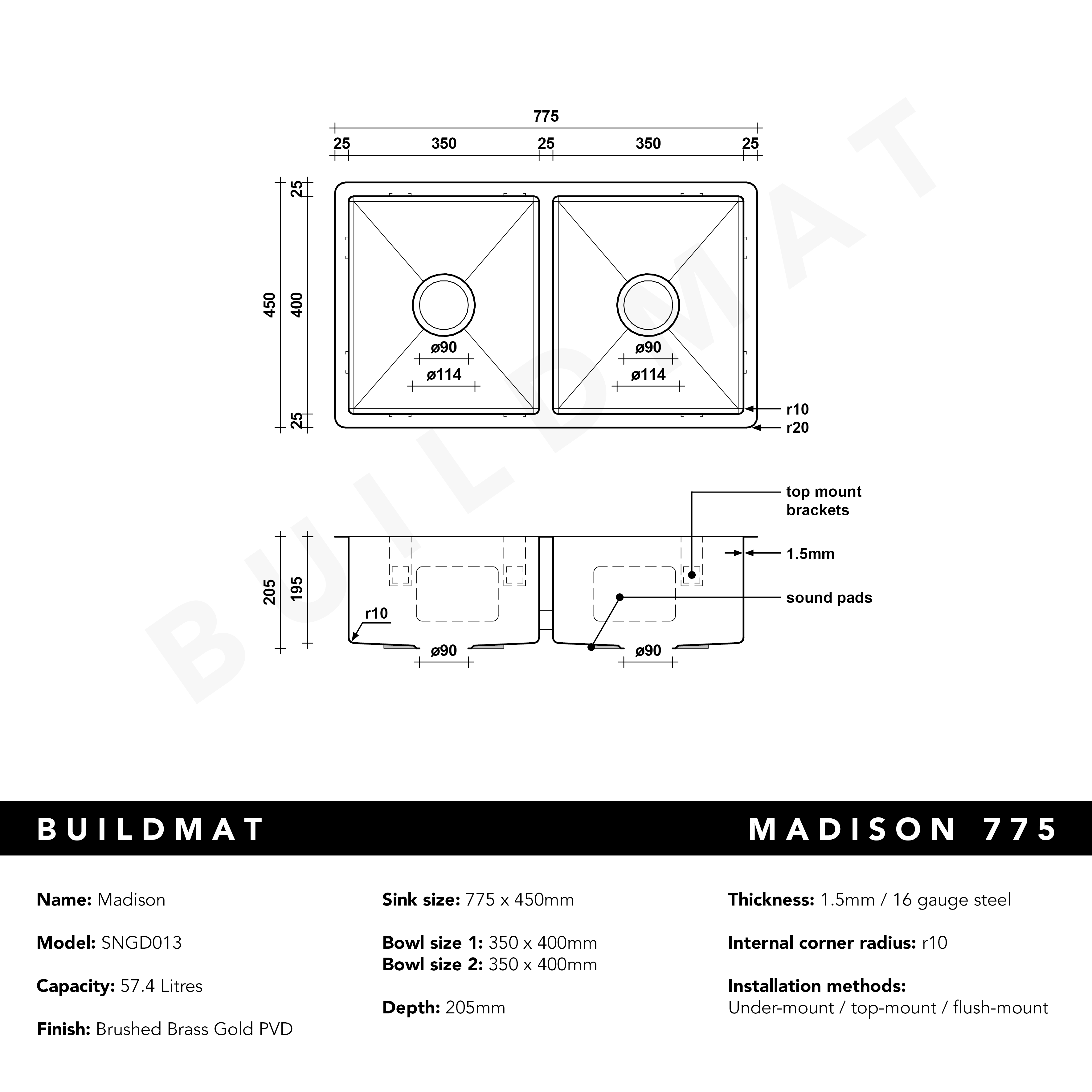 Buildmat Precious Metals Sink Brushed Brass Gold Brushed Brass Gold Madison 775x450 Double Bowl Sink